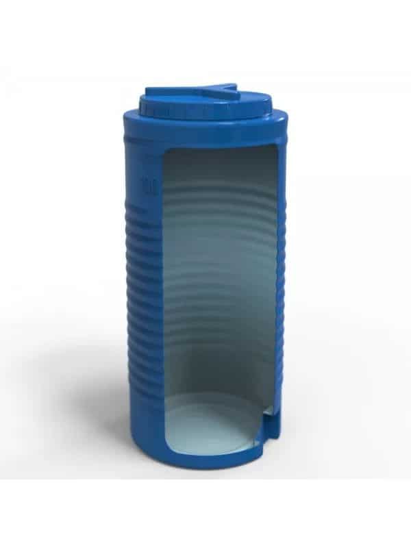 Blue cylindrical water filter housing with transparent side, designed for easy sediment and carbon filter replacement. Ideal for residential water filtration systems.